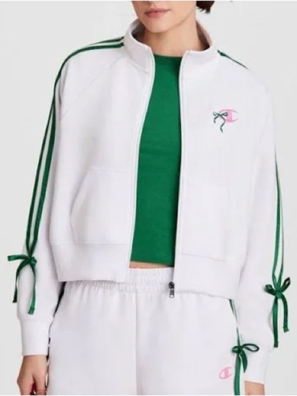 Champion White Zip-Front Track Jacket with Green Stripe Accents